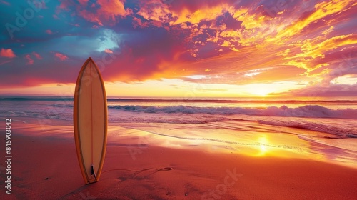 Surf board on sandy beach with sunset