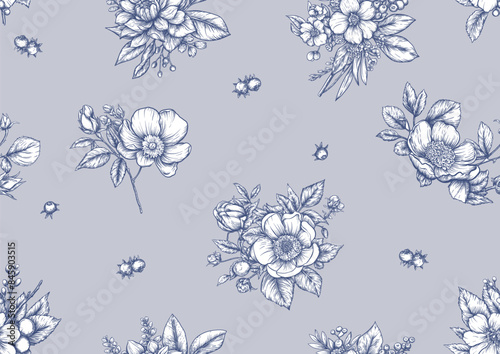 Blooming tree rose, rose flowers on branches. with sparrow, finches, butterflies, dragonflies. Seamless pattern, background. Vector illustration. Chinoiserie, traditional oriental botanical motif.