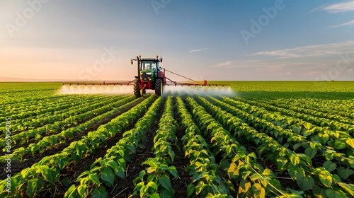 A tractor sprays pesticides on a vegetable field to exterminate pests and diseases. Concept for healthy and delicious vegetable cultivation and agriculture. 