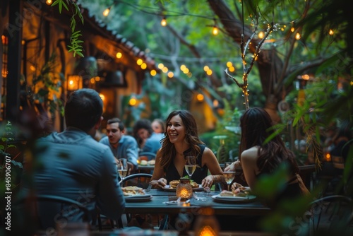 A group of friends are enjoying a pleasant evening at an outdoor restaurant adorned with fairy lights and greenery