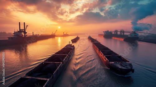 Industrial landscape with coal barges transporting coal on a river against a sunset sky