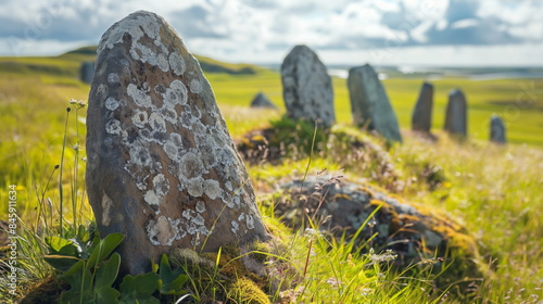 Viking burial site with ancient rune stones and burial mounds