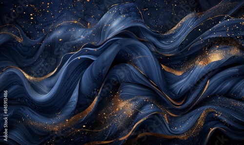 Beautiful Navy Blue Paint Swirls with Gold Powder. Modern Marbling Background