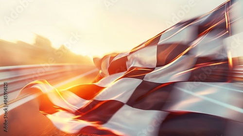 Checkered Flag Waving at Car Race Finish Line under Sunlight