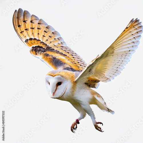 Barn Owl, Tyto alba flying isolated on white transparent background, png