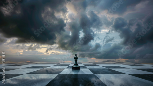 A single chess piece stands on a reflective marble chessboard under a brooding, stormy sky, exuding a sense of isolation and strategic contemplation.