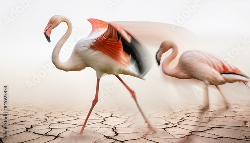 pink wild flamingo in severe drought desert 
