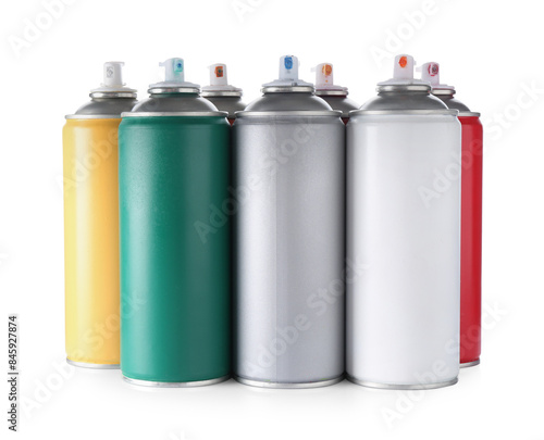 Many spray paint cans isolated on white