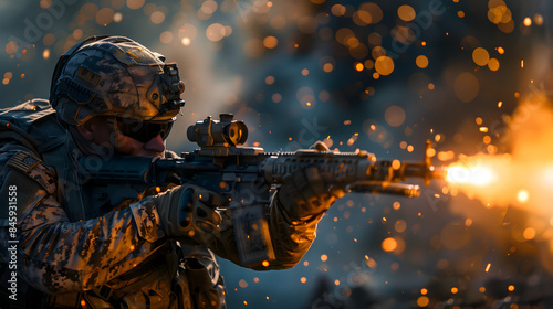 Soldado en combate disparando en medio de explosiones