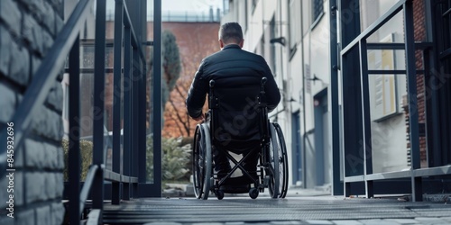 A person in a wheelchair navigates a flight of stairs, providing access and mobility