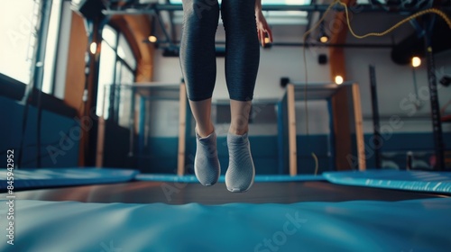 A person jumping and having fun on an indoor trampoline in a fitness center or gym
