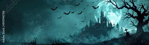 A spooky banner background concept for Halloween with the silhouette of a cemetery leading to a castle on a dark and spooky night with a full moon and bats flying around a dead tree