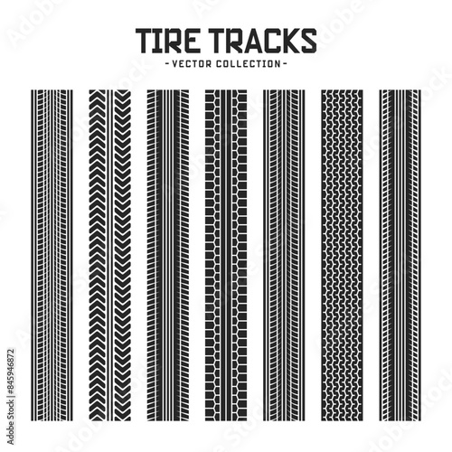 Tire tracks, wheel braking marks. Truck, car or motorcycle tread pattern silhouettes. Auto race, motorsport, speed racing design element. Vector illustration