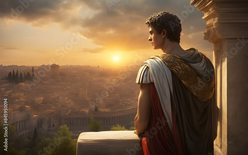 Augustus overseeing the construction of Rome, a golden sunset backlighting the sprawling city taking shape under his rule
