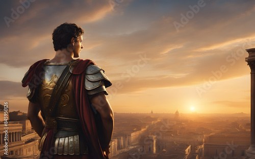 Augustus overseeing the construction of Rome, a golden sunset backlighting the sprawling city taking shape under his rule