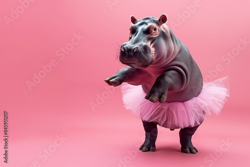 Playful image of a cartoon hippopotamus gracefully balancing on one leg in ballet slippers and a fluffy pink tutu against a pink background