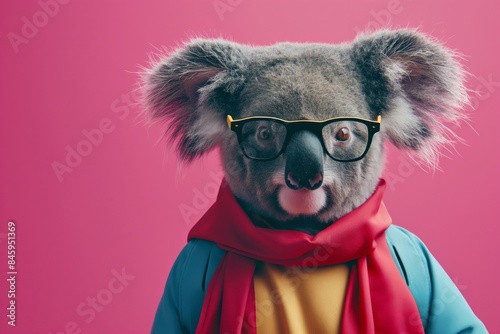 Whimsical and playful superhero koala wearing a vibrant pink costume. Cape. And glasses. With a quirky and creative background. Dressed up in a heroic and adorable outfit