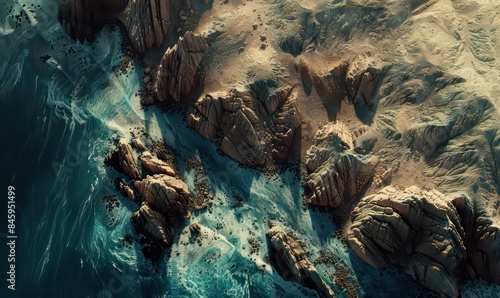 Aerial view Top down seashore. Waves crashing on rock cliff. Beautiful dark sea surface in sunny day summer background Amazing seascape top view seacoast at Intendance Beach