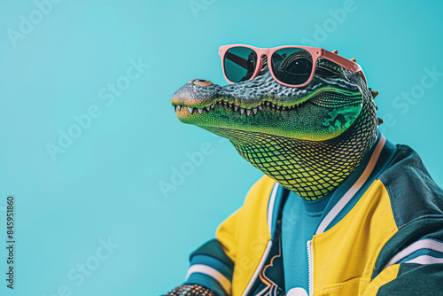Whimsical photo of a crocodile wearing trendy sunglasses and a colorful varsity jacket against a turquoise background, showcasing a fun, fashionable vibe