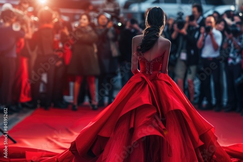 A woman stands on a red carpet wearing a red dress, great for awards show or celebrity photoshoots