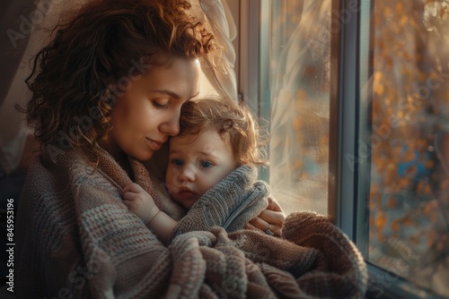 A mother holds her newborn baby wrapped in a blanket, showcasing maternal love and care