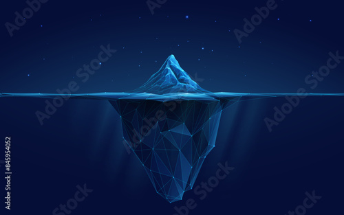 Abstract digital iceberg. Water surface on a dark night background. Ice underwater and mountain. Technology low poly wireframe glacier in the ocean. Polygonal geometric vector illustration. Tech bg.