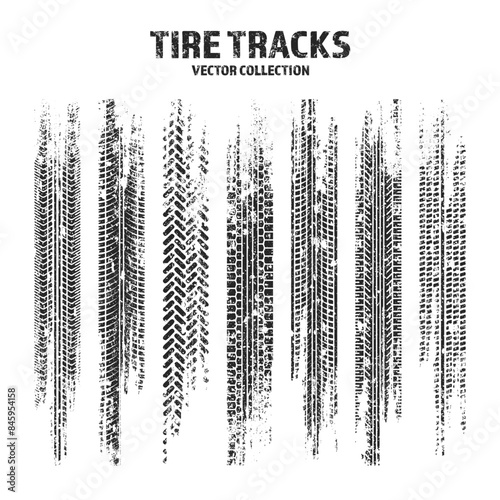 Grunge tire tracks, wheel braking marks. Truck, car or motorcycle tread pattern silhouettes. Auto race, motorsport, speed racing design element. Vector illustration