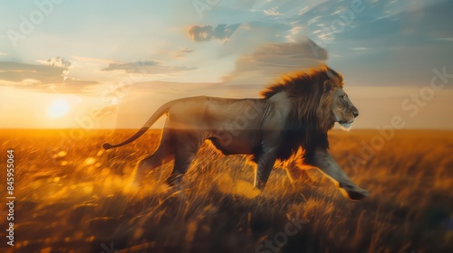 Lion going in savannah at sunset with double exposure. A beautiful king of beasts hunting in the African savanna. Beautiful safari print design, interior picture