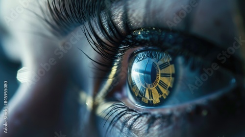 A close-up of a person's eye with a clock face reflected in the iris, suggesting the passing of time