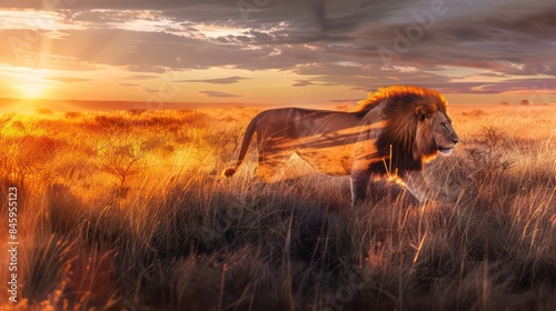 Lion going in savannah at sunset with double exposure. A beautiful king of beasts hunting in the African savanna. Beautiful safari print design, interior picture