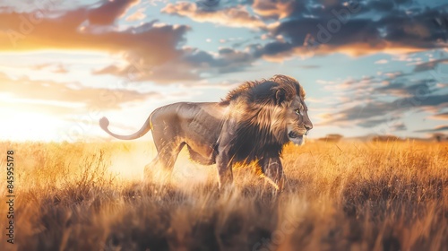 Lion going in savannah at sunset with double exposure. A beautiful king of beasts hunting in the African savanna. Beautiful safari print design, interior picture