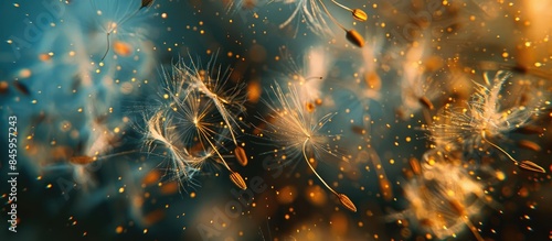 Dandelion spores dispersing in a close-up view