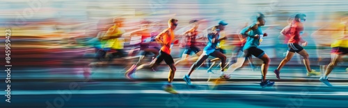 The photograph captures marathon runners in a dynamic blur, exuding energy and movement in a vibrant race scene