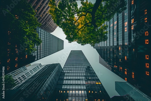 A stunning upward view of city skyscrapers framed by lush green trees. The juxtaposition of modern architecture with nature highlights the balance between urban development and environment