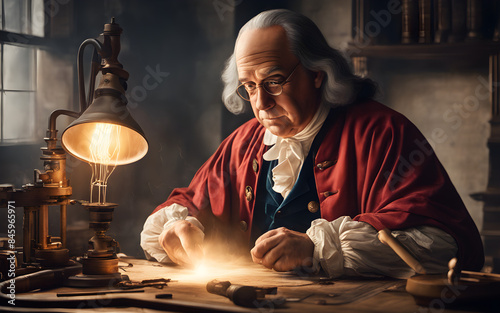 Benjamin Franklin in his workshop experimenting with electricity, a storm outside providing dramatic backlighting