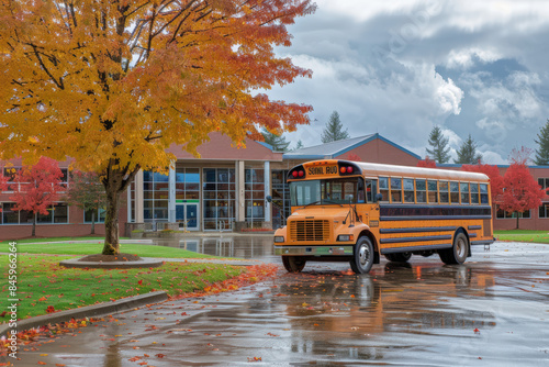 Yellow school bus is parked on a wet asphalt parking lot on a cloudy autumn day