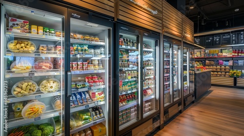 Assorted types of refrigerators in a supermarket, suitable for presenting new products, interior design, and retail presentations