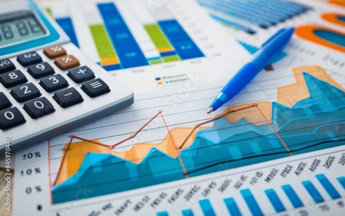 Financial charts showing trends, a calculator, and a blue pen. Perfect for money and financial stock photos.