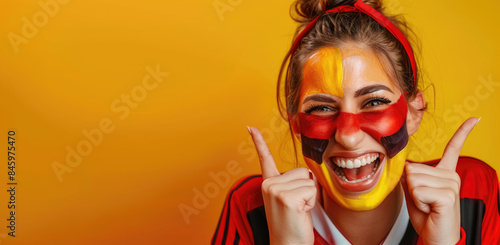 Young woman fan laughing, portrait of happy adult girl on studio background with copy space. Concept of sport, football, German people, support, Germany, game,