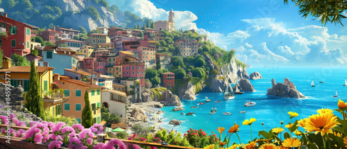 Old seaside city in Italy, beautiful panorama of sea, flowers, sky and mountain. Concept of Italian vacation, beach, summer and travel.