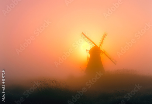A windmill is silhouetted against a sunset