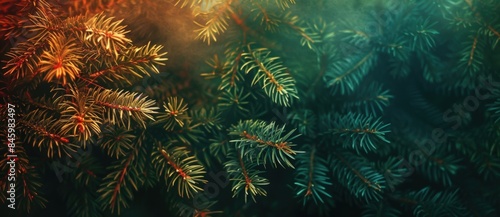 Close-up of lush evergreen fir branches illuminated by warm and cool light, creating a festive christmas scene. Vibrant green needles make a perfect holiday backdrop