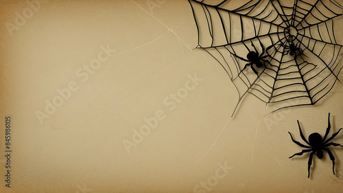 Two silhouetted spiders and intricate webbing displayed against a textured beige background