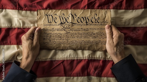 A hand holds the original text of the US Constitution over an American flag