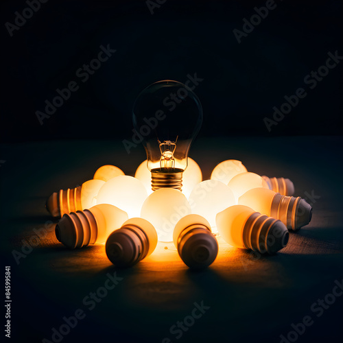 One of Lightbulb glowing among shutdown light bulb in dark area with copy space for creative thinking , problem solving solution and outstanding concept Generative Ai 