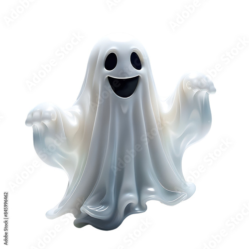 Ícone de fantasma 3d flutuante e alegre com braços levantados em fundo transparente, sem fundo.