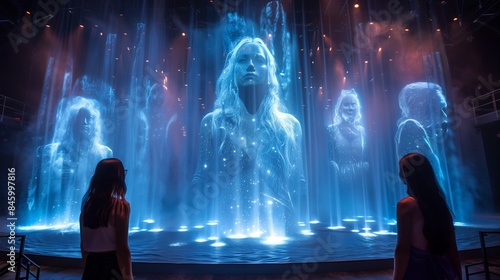 A holographic theater performance featuring a woman in a water fountain with a few audience members watching.