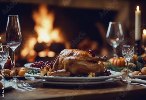 Thanksgiving Dinner in a Celebration Night in Front of the Fireplace