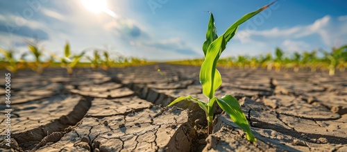 A single green corn stalk stands tall in the midst of a scorching drought in the cornfield.