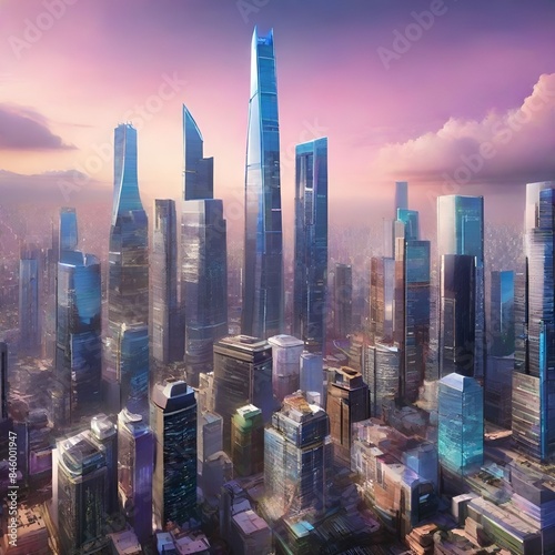 A vibrant, high-tech city filled with towering skyscrapers, holographic advertisements, and sleek, modern architecture.